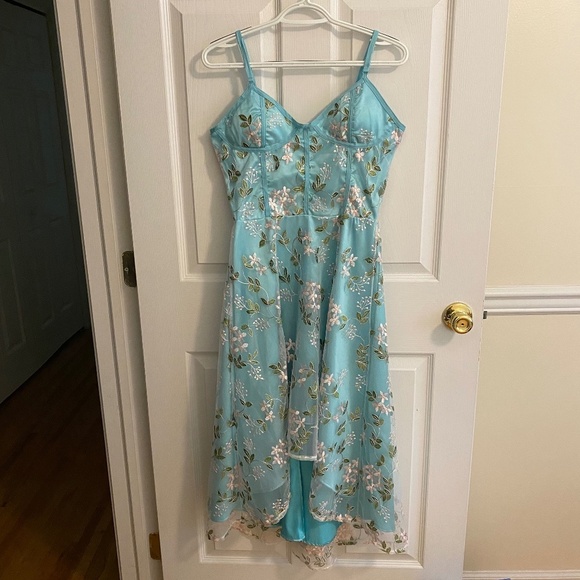 Turquoise Dip Hem Dress with Adjustable Straps and Removable Bra Padding - Picture 1 of 4
